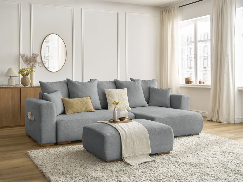 Produit similaire: Canapé d'angle convertible réversible coffre SIDONIE tissu chiné avec pouf gris foncé BOBOCHIC 4 places