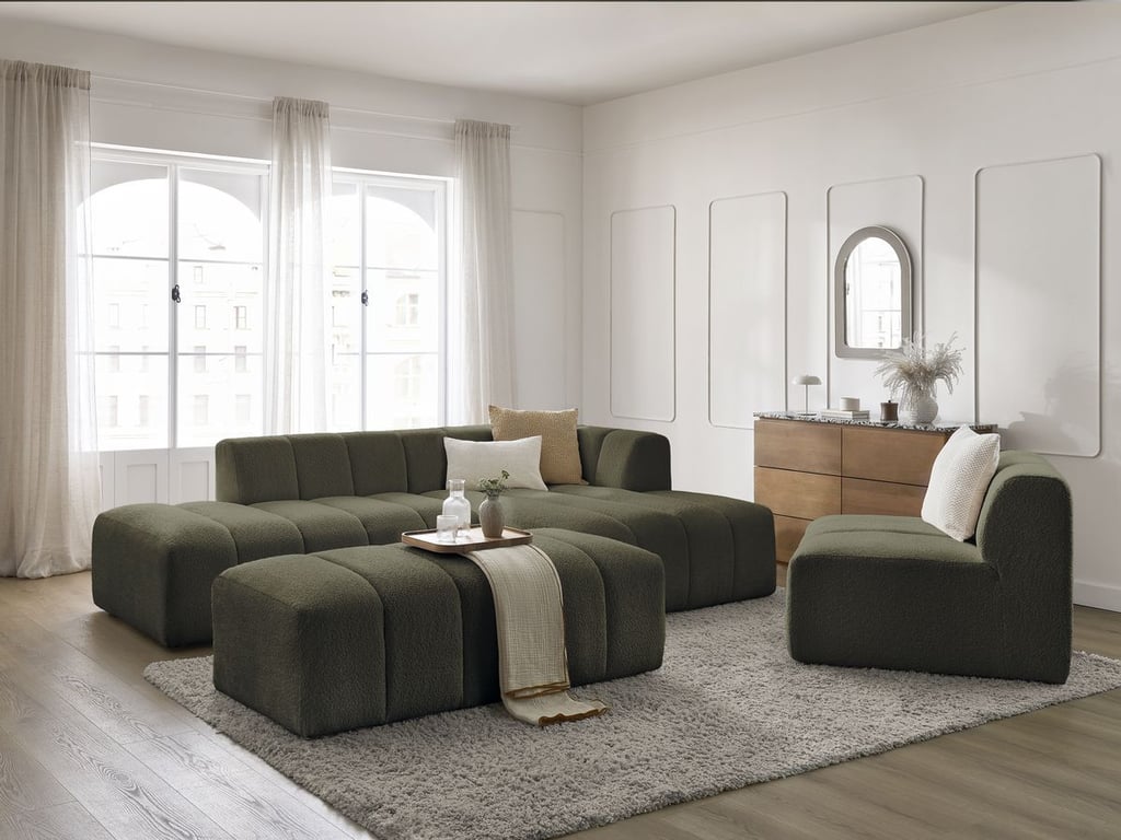 Produit similaire: Canapé d'angle fixe modulable ANNECY tissu bouclette avec 1 chauffeuse 1 place et 1 pouf vert angle droit BOBOCHIC 5 places