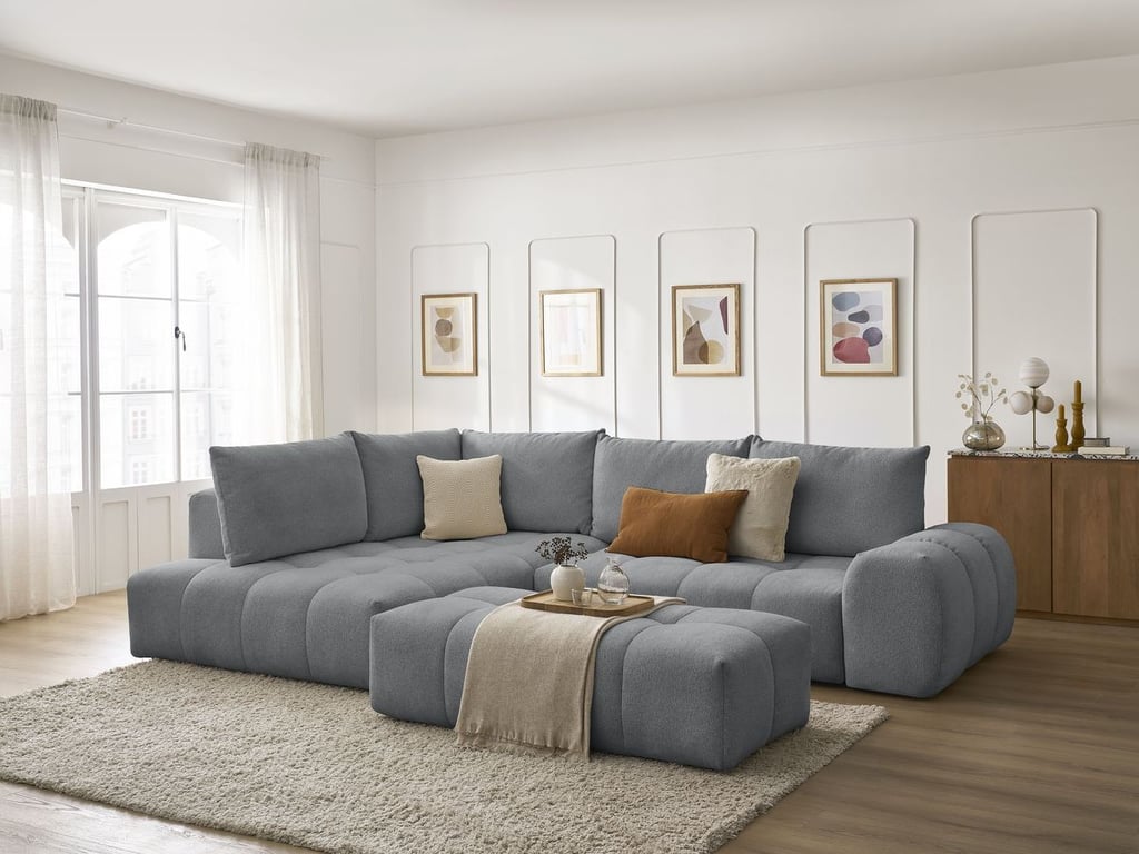 Produit similaire: Canapé d'angle L convertible coffre EVEREST tissu chiné avec pouf gris foncé angle gauche BOBOCHIC 4 places