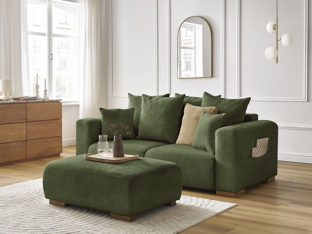 Produit similaire: Canapé droit fixe 2 places SIDONIE tissu chiné avec pouf vert BOBOCHIC
