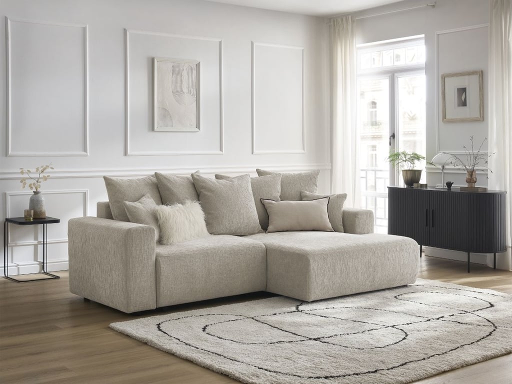 Produit similaire: Canapé d'angle convertible coffre ATILLA tissu texturé beige angle droit BOBOCHIC 4 places