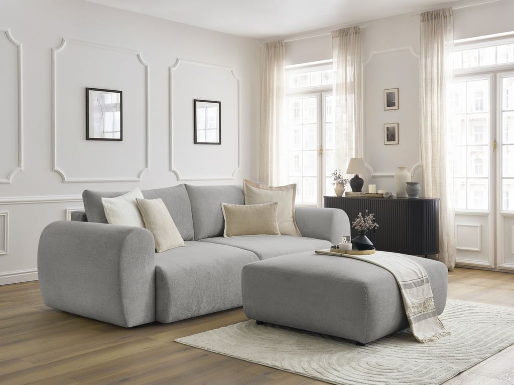 Produit similaire: Canapé droit convertible coffre LUCIEN tissu lisse avec pouf gris clair BOBOCHIC 4 places