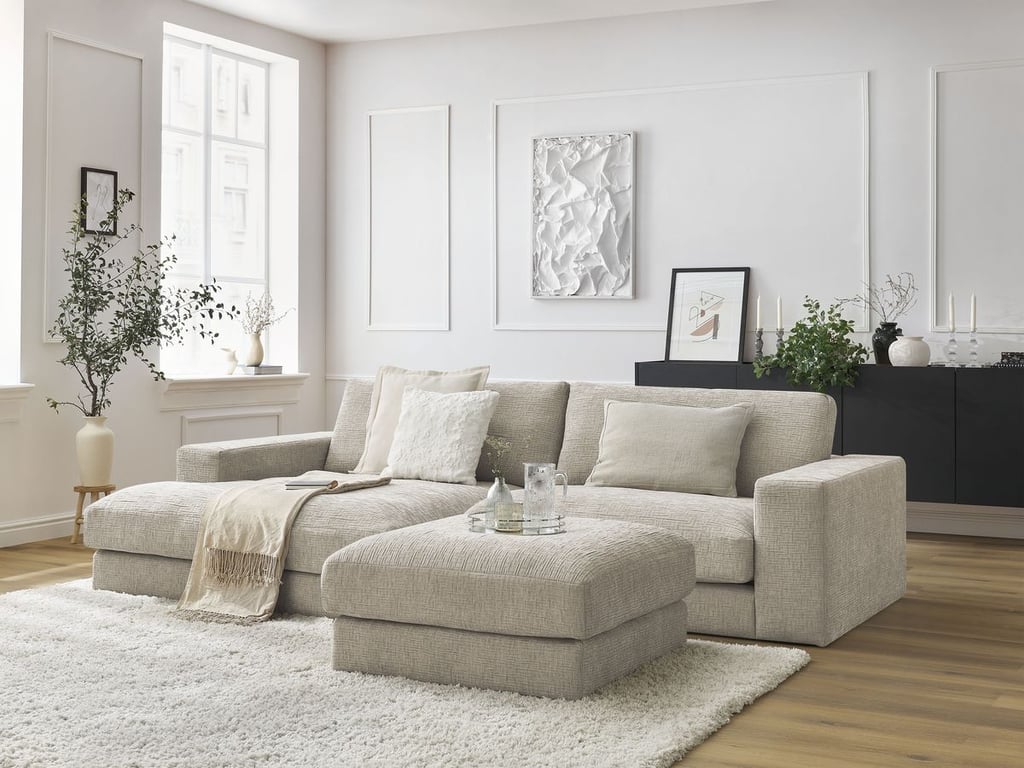 Produit similaire: Canapé d'angle fixe LEONARD tissu texturé avec pouf beige angle gauche BOBOCHIC 5 places