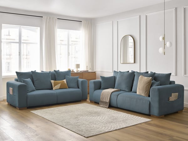Sidonie ensemble canapé droit fixe 3 + 2 places velours côtelé bleu foncé
