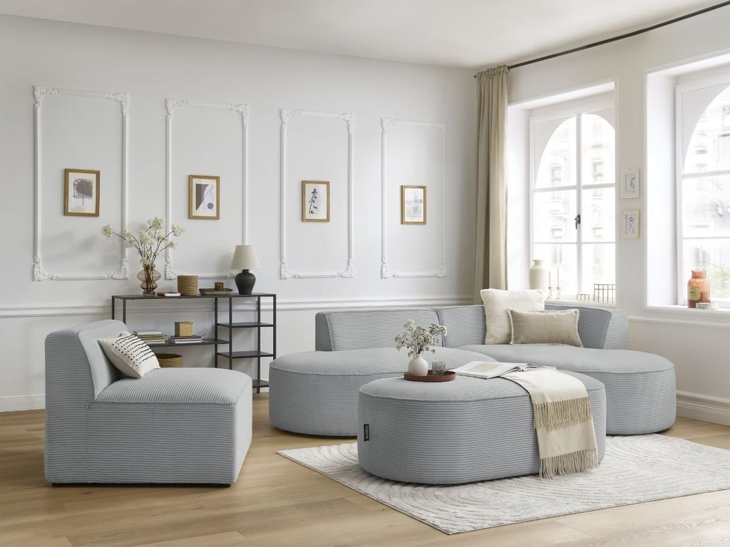 Produit similaire: Canapé d'angle fixe modulable ROUSSEAU velours côtelé avec 1 chauffeuse et 1 pouf gris clair angle droit BOBOCHIC 6 places