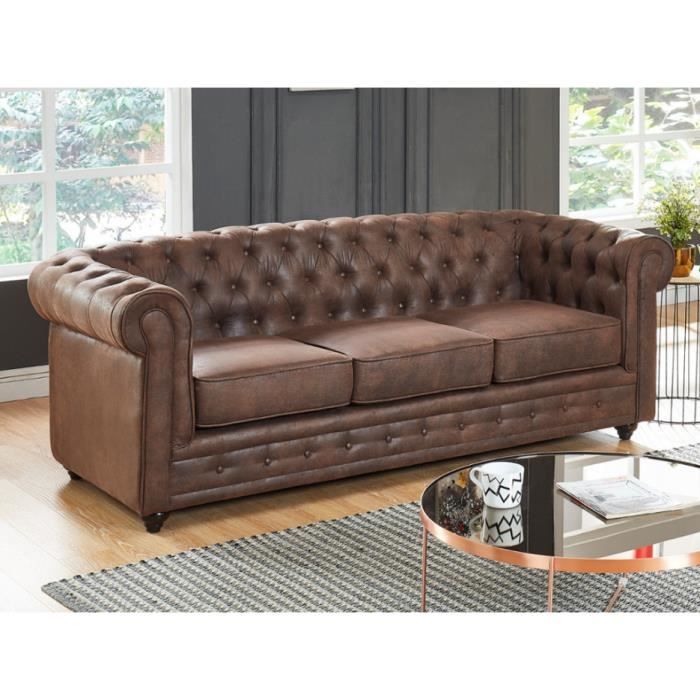 Canapé 3 places CHESTERFIELD en microfibre aspect cuir vieilli - Marron - Simili