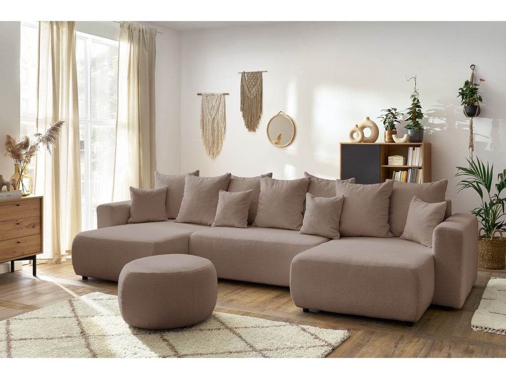 Produit similaire: Canapé panoramique convertible coffre ENVY tissu bouclette avec pouf rond marron panoramique BOBOCHIC 6 places
