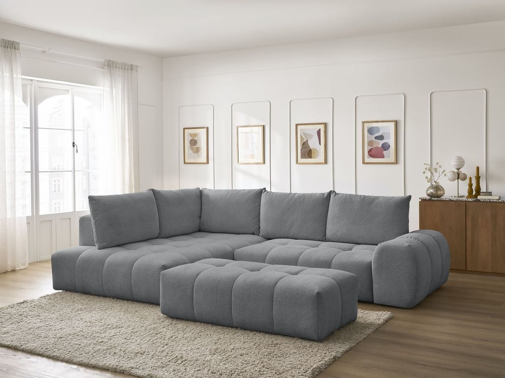 Produit similaire: Canapé d'angle L convertible coffre EVEREST tissu chiné avec pouf gris foncé angle gauche BOBOCHIC 4 places