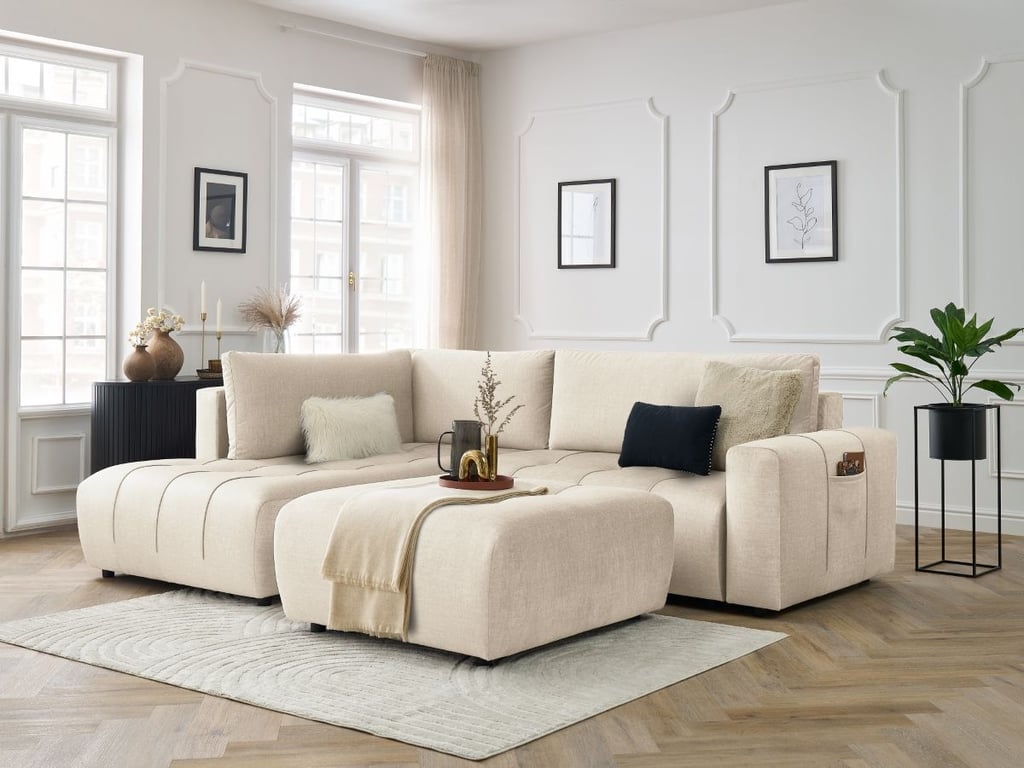 Produit similaire: Canapé d'angle L convertible coffre ARSENE tissu velours avec pouf beige angle gauche BOBOCHIC 4 places