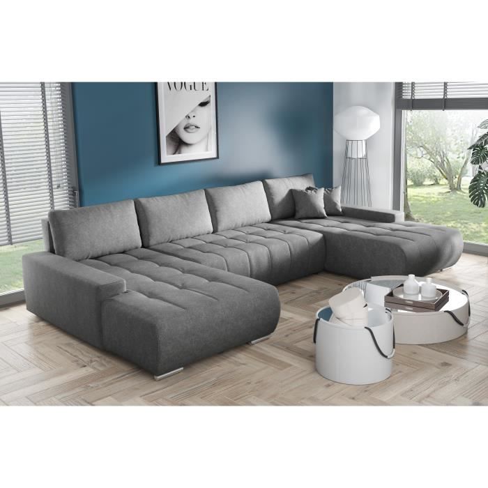 BELUTI - Canapé d'angle panoramique en U Convertible. Tissu Design. Lit + Coffre de Rangement (Gris foncé)
