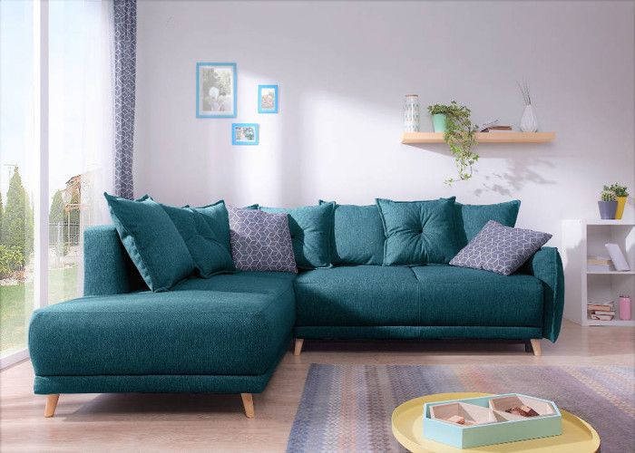 Lena - canapé d'angle gauche convertible - 5 places - bleu canard - style scandinave