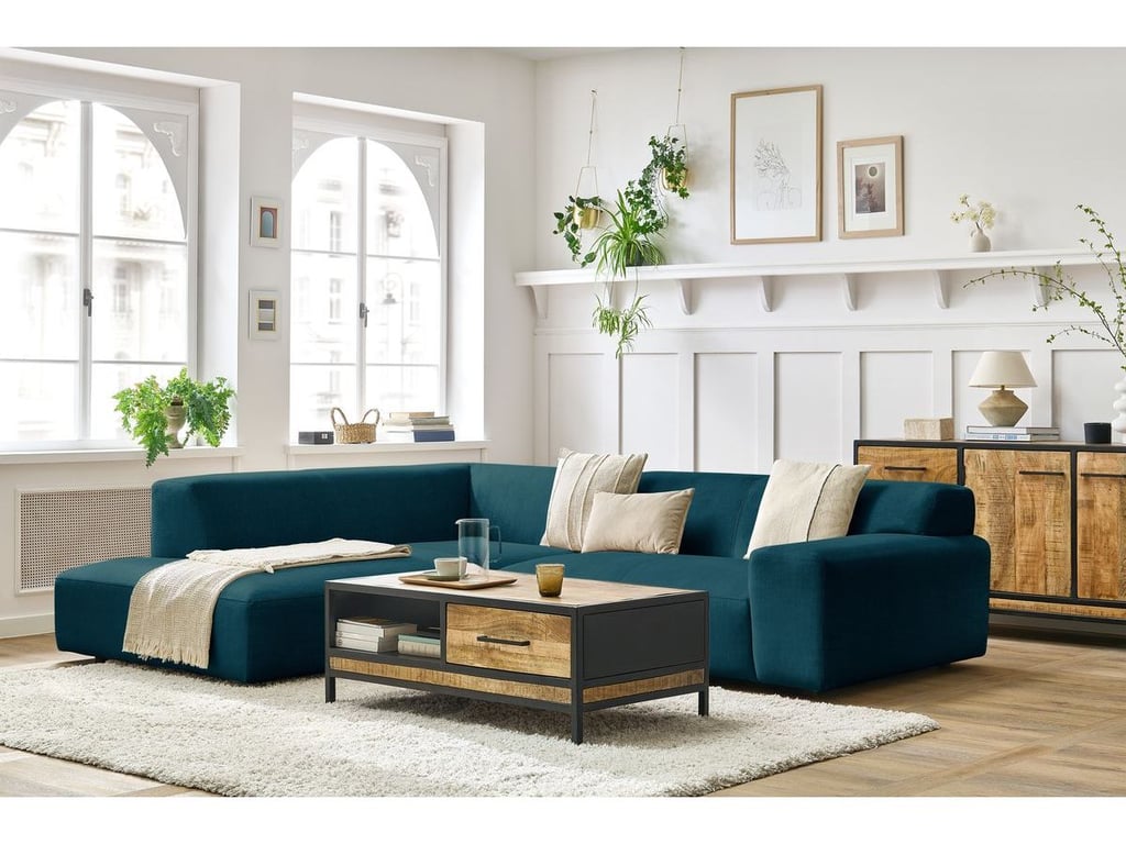 Produit similaire: Canapé d'angle fixe compact LAVENA tissu velours bleu foncé angle gauche BOBOCHIC 4 places