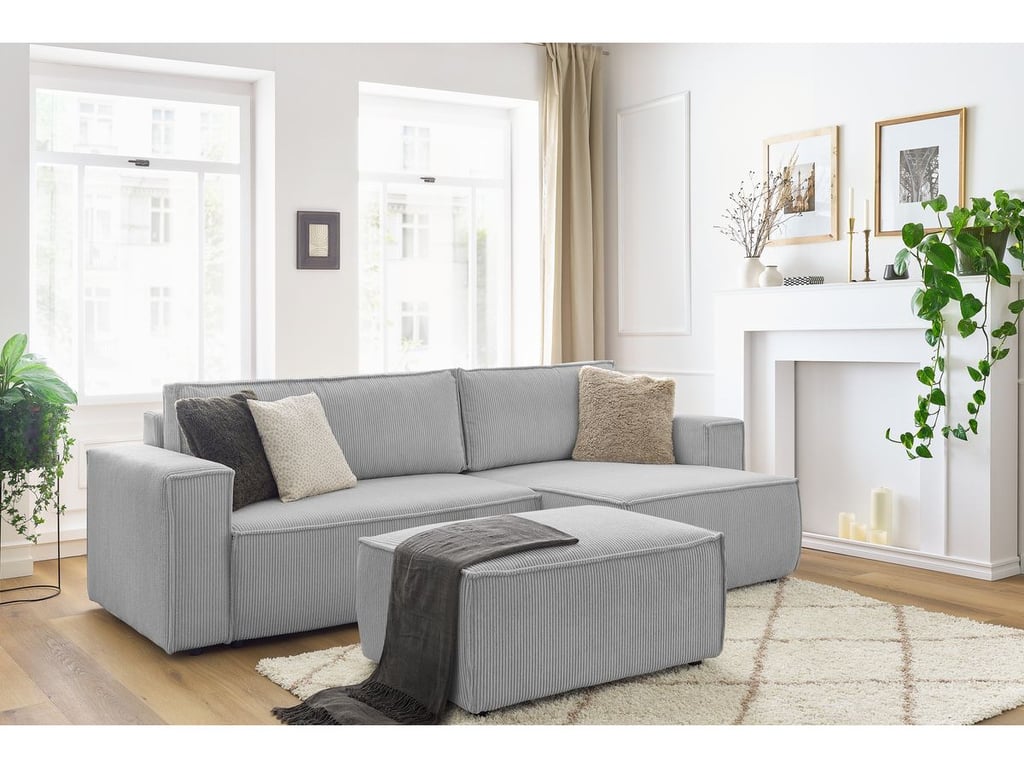 Produit similaire: Canapé d'angle réversible convertible coffre NIHAD velours côtelé avec pouf gris clair BOBOCHIC 5 places