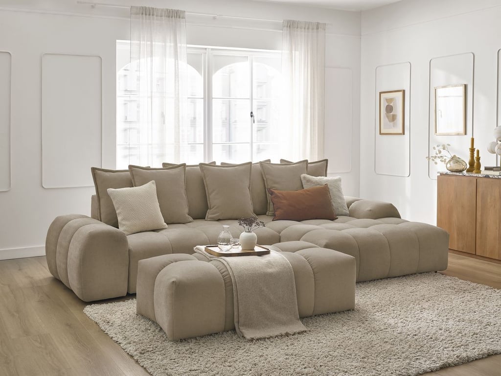 Produit similaire: Canapé d'angle convertible coffre EVEREST tissu texturé avec pouf taupe angle droit BOBOCHIC 4 places