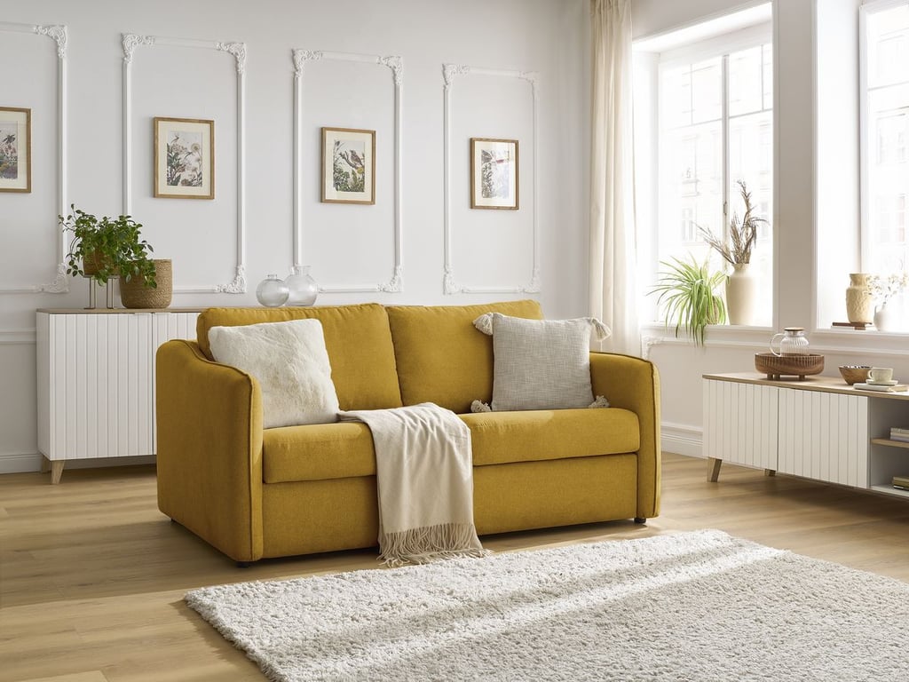 Produit similaire: Canapé droit convertible LENNY ouverture express 2 plis tissu lisse jaune BOBOCHIC 3 places