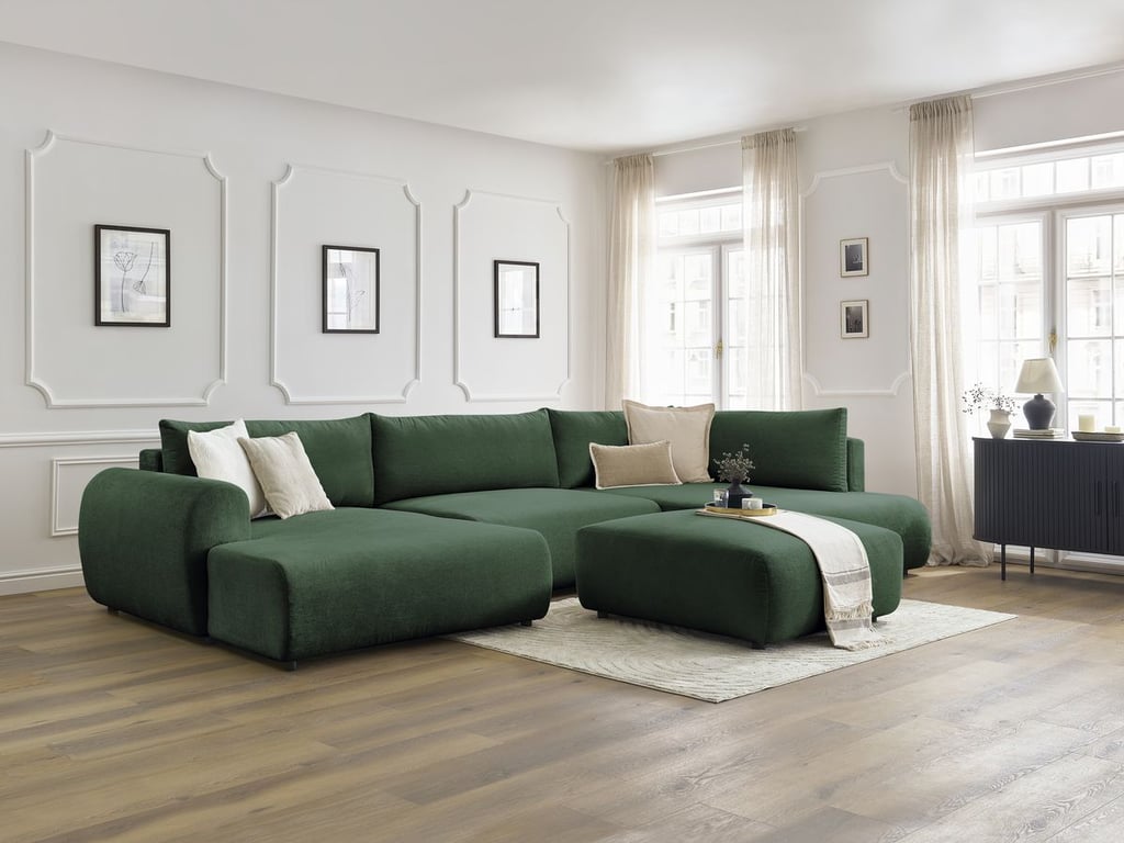 Produit similaire: Canapé panoramique convertible coffre LUCIEN tissu lisse avec pouf vert angle gauche BOBOCHIC 6 places