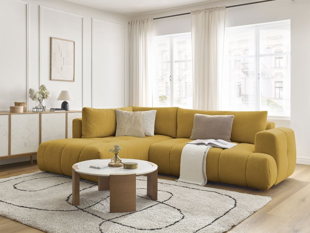 Produit similaire: Canapé d'angle L convertible FUJI tissu lisse jaune angle gauche BOBOCHIC 4 places