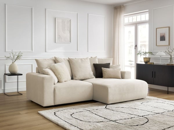Canapé d'angle convertible coffre ATILLA velours côtelé beige angle droit BOBOCHIC 3 places