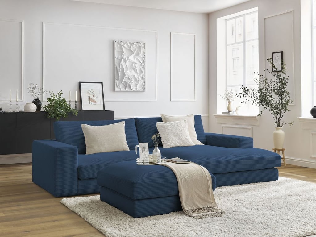 Produit similaire: Canapé d'angle fixe LEONARD velours côtelé avec pouf bleu foncé angle droit BOBOCHIC 5 places