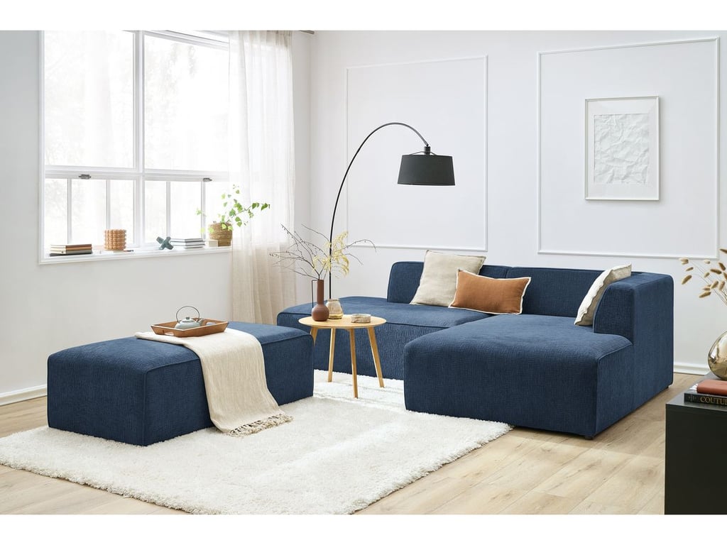 Produit similaire: Canapé d'angle fixe modulable MEGEVE tissu texturé avec pouf bleu foncé angle droit BOBOCHIC 5 places