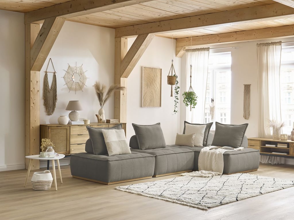 Produit similaire: Canapé d'angle modulable ELISA avec 2 chauffeuses 1 place et 1 chauffeuse 2 places taupe réversible BOBOCHIC 4 places