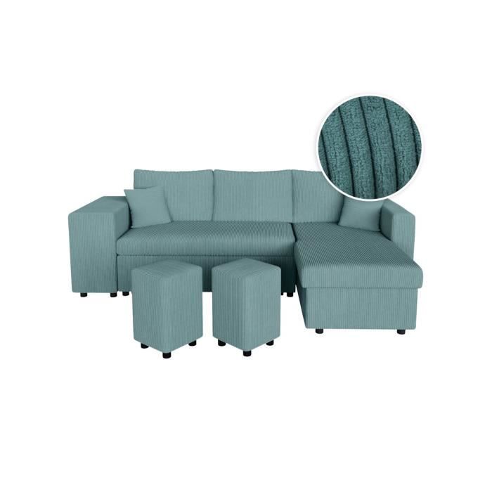 Produit similaire: Canapé d'angle réversible convertible OSLO avec coffre, 2 poufs à gauche en velours côtelé bleu - L241 x P146 x H81cm - LOUNGITUDE