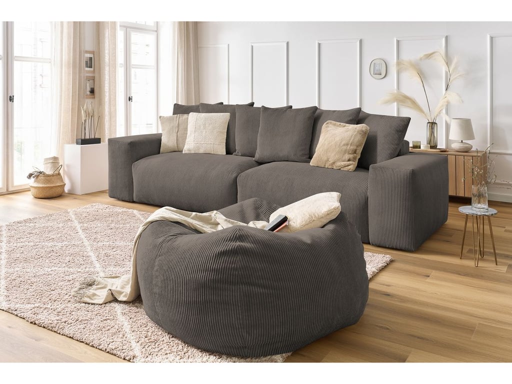Canapé droit fixe 4 places VOLTAIRE velours côtelé avec pouf taupe   BOBOCHIC
