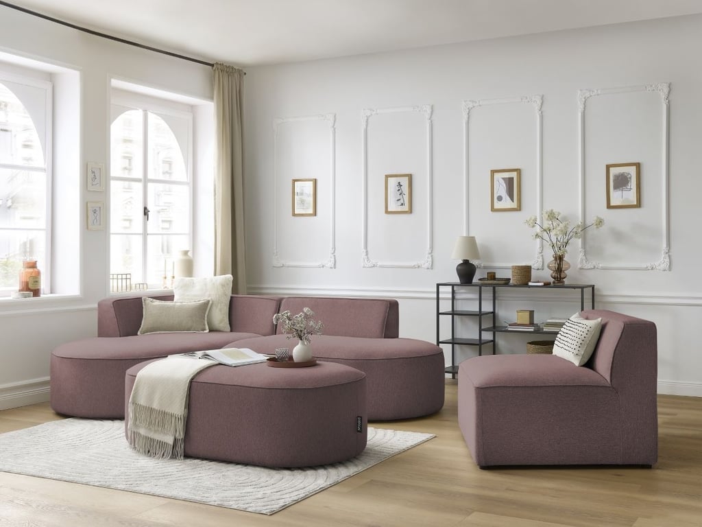 Produit similaire: Canapé d'angle fixe modulable ROUSSEAU tissu chiné avec 1 chauffeuse et 1 pouf rose angle gauche BOBOCHIC 6 places