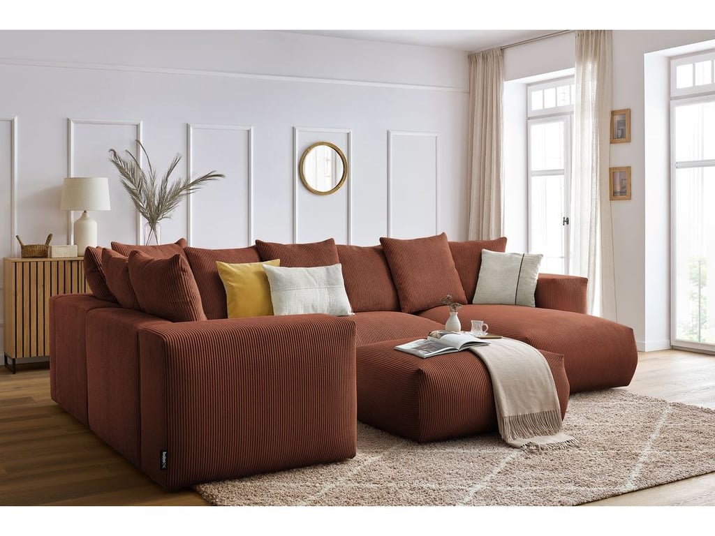 Produit similaire: Canapé panoramique fixe modulable VOLTAIRE avec 1 méridienne, 1 angle, 2 chauffeuses et 1 pouf orange angle droit BOBOCHIC 6 places