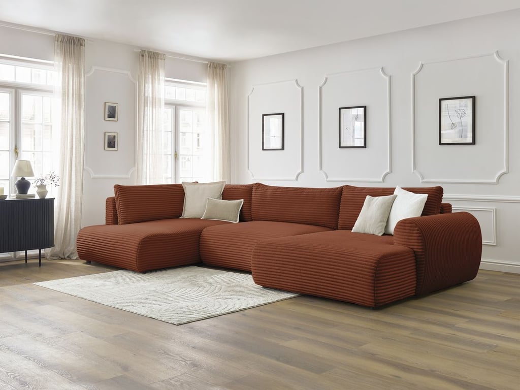 Produit similaire: Canapé panoramique convertible coffre LUCIEN gros côtelé doux orange angle droit BOBOCHIC 5 places