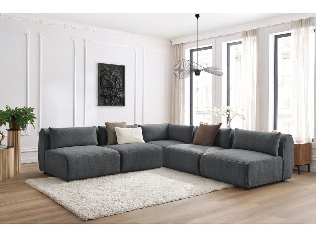 Produit similaire: Canapé d'angle fixe modulable JEANNE tissu texturé avec 4 chauffeuses et 1 angle gris foncé BOBOCHIC 5 places