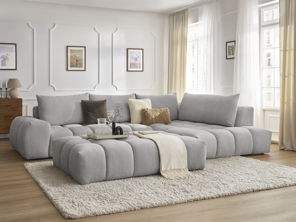 Produit similaire: Canapé d'angle fixe EVEREST tissu texturé avec pouf gris clair angle droit BOBOCHIC 5 places