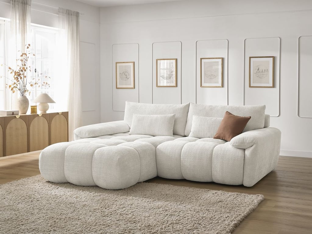 Produit similaire: Canapé d'angle fixe IVANE tissu texturé blanc angle gauche BOBOCHIC 3 places