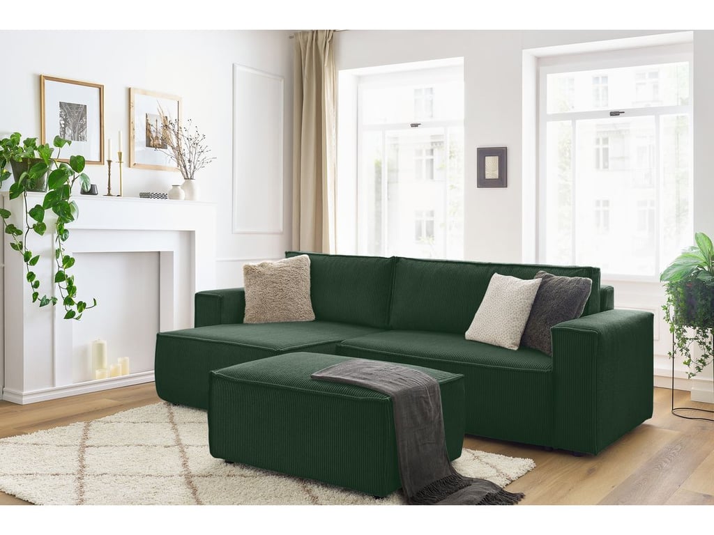 Produit similaire: Canapé d'angle réversible convertible coffre NIHAD velours côtelé avec pouf vert foncé BOBOCHIC 5 places