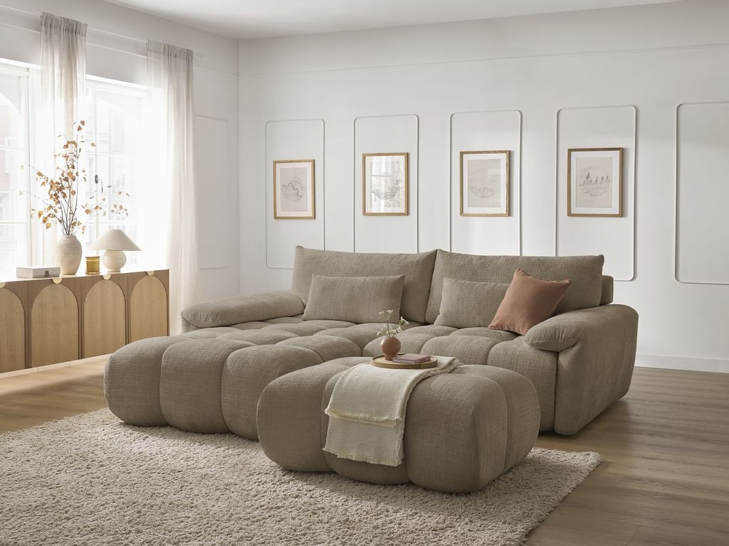 Produit similaire: Canapé d'angle fixe IVANE tissu texturé avec pouf marron angle gauche BOBOCHIC 4 places