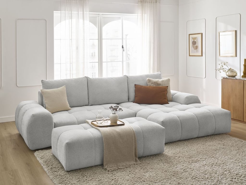 Produit similaire: Canapé d'angle convertible coffre EVEREST tissu chiné avec pouf gris clair angle droit BOBOCHIC 4 places