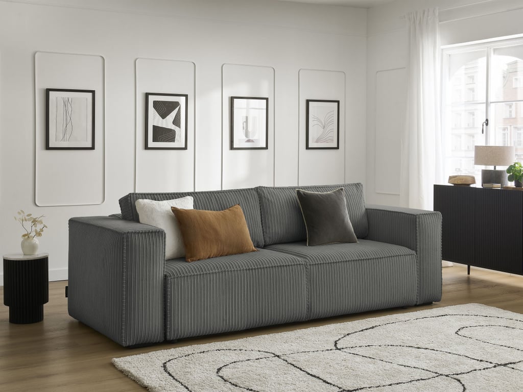 Produit similaire: Canapé droit convertible coffre NINA velours côtelé gris foncé BOBOCHIC 3 places