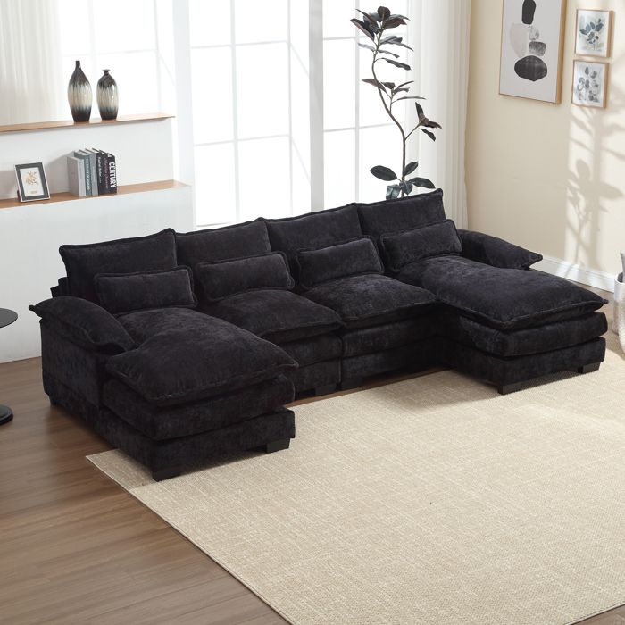 Produit similaire: Canapé d'angle 4 places, 261x134x82cm, Grand canapé en forme de U avec 4 coussins, en tissu boucle, noir