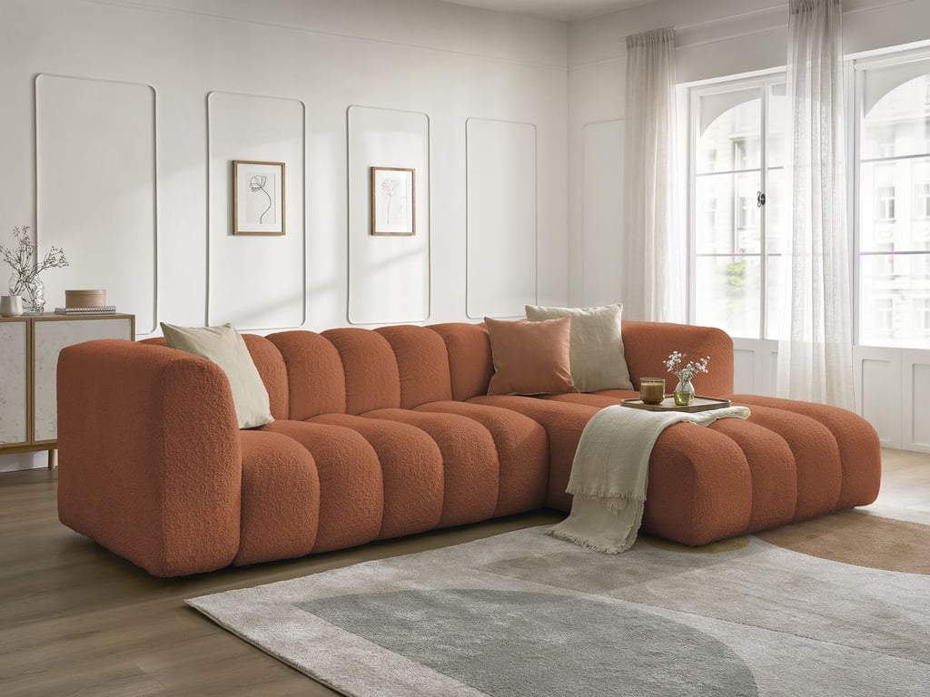 Produit similaire: Canapé d'angle fixe TALIA tissu bouclette orange angle droit BOBOCHIC 4 places