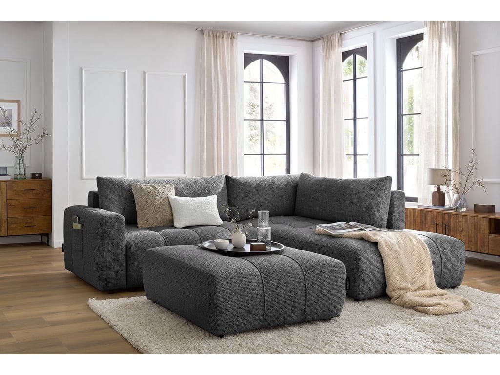 Produit similaire: Canapé d'angle L convertible coffre ARSENE avec pouf gris foncé angle droit BOBOCHIC 4 places