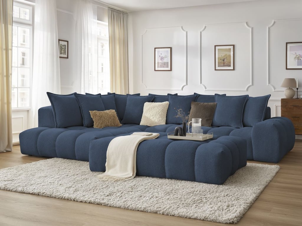 Produit similaire: Canapé d'angle fixe EVEREST tissu chiné avec pouf bleu foncé angle gauche BOBOCHIC 5 places