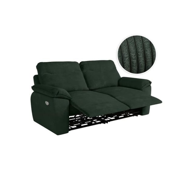 Canapé de relaxation électrique ROSS 3 places en velours côtelé - Vert foncé - L200 x P100 x H102cm - LOUNGITUDE