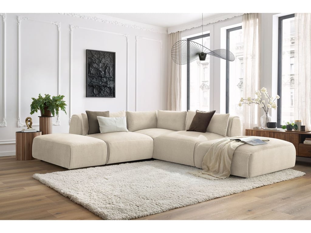 Produit similaire: Canapé d'angle fixe modulable JEANNE tissu velours avec 2 chauffeuses, 1 angle et 2 poufs beige réversible BOBOCHIC 5 places