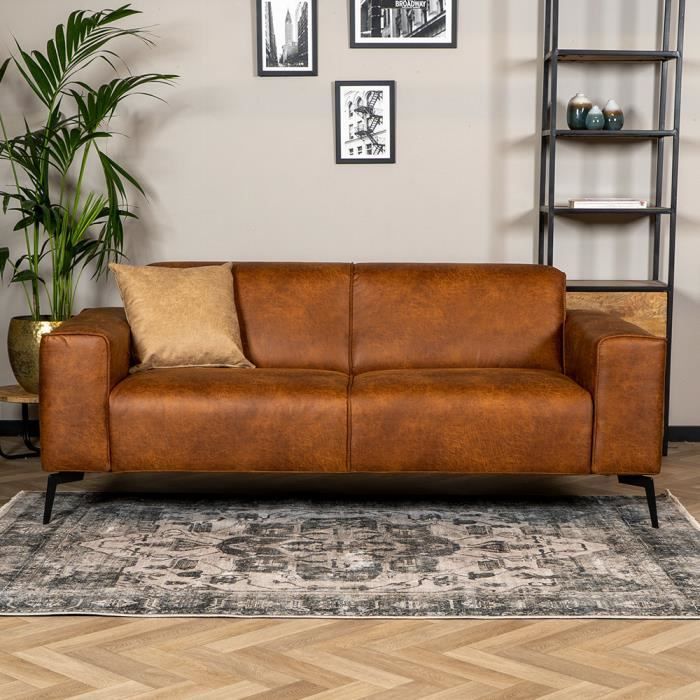 Canapé industriel 2,5 places Vegas en éco-cuir cognac - Livin24 - Fixe - Marron - 198 cm - Ferme