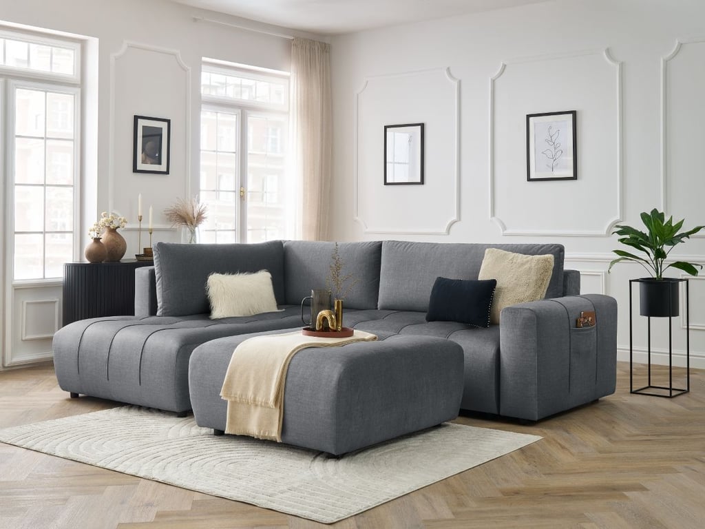 Produit similaire: Canapé d'angle L convertible coffre ARSENE tissu velours avec pouf gris foncé angle gauche BOBOCHIC 4 places