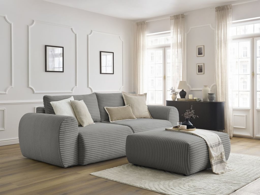 Produit similaire: Canapé droit convertible coffre LUCIEN gros côtelé doux avec pouf gris foncé BOBOCHIC 4 places