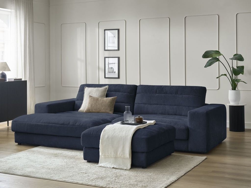 Produit similaire: Canapé d'angle fixe SIERRA tissu texturé avec pouf bleu foncé angle gauche BOBOCHIC 4 places