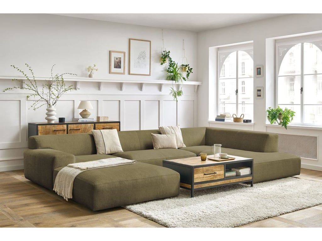 Produit similaire: Canapé panoramique fixe compact LAVENA tissu velours vert angle gauche BOBOCHIC 6 places