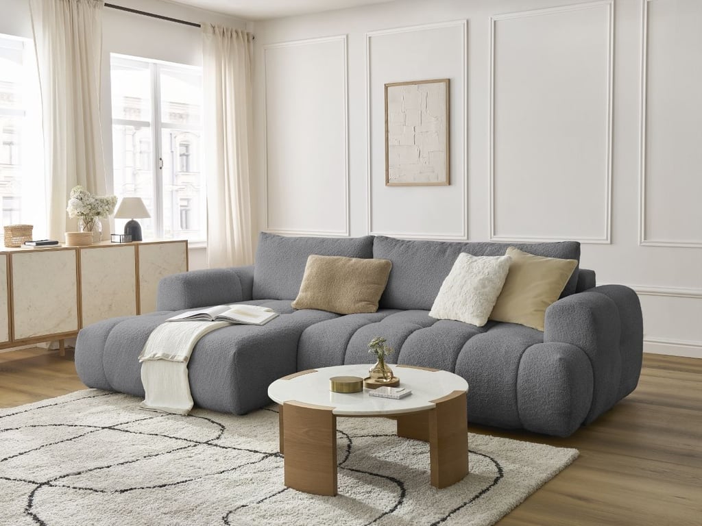 Produit similaire: Canapé d'angle convertible FUJI tissu bouclette avec pouf gris foncé angle gauche BOBOCHIC 3 places