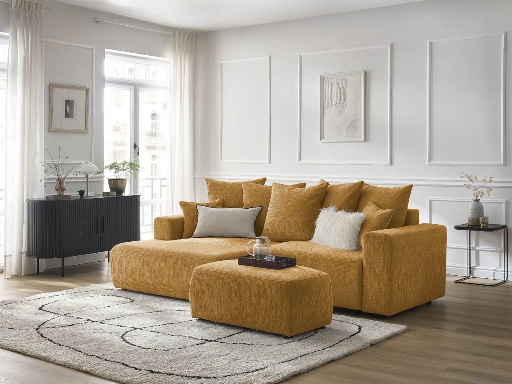 Produit similaire: Canapé d'angle convertible coffre ATILLA tissu texturé avec pouf jaune angle gauche BOBOCHIC 5 places